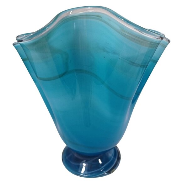 Hand Blown Ocean Waves Gradient Blue Art Glass Pedestal Vase Murano Vintage MCM - Picture 12 of 15